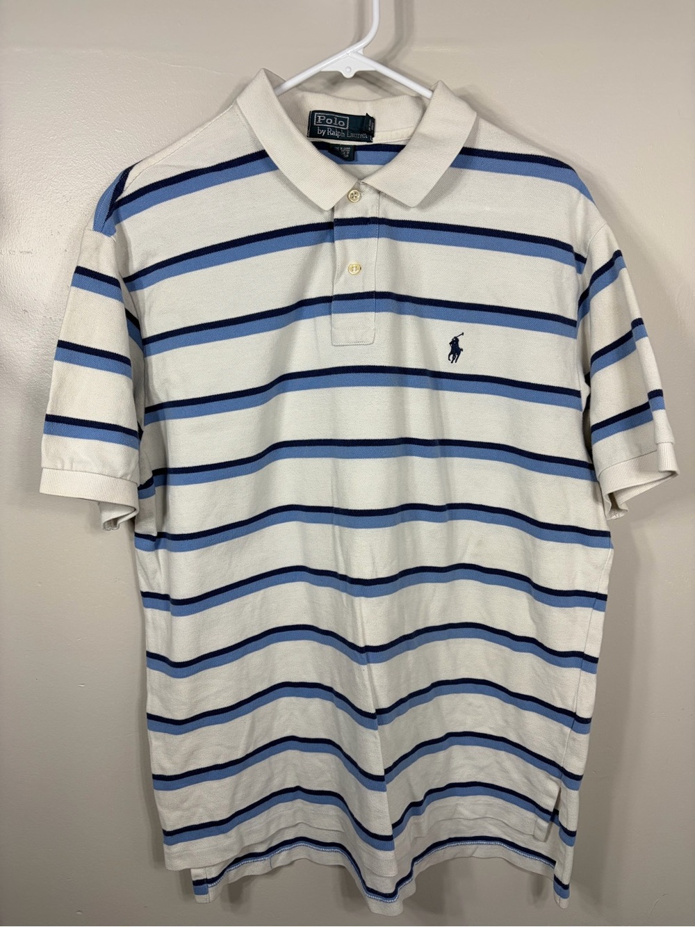 Polo Ralph Lauren Men’s XL White‎ Blue Striped Cotton Polo Shirt Pony Logo